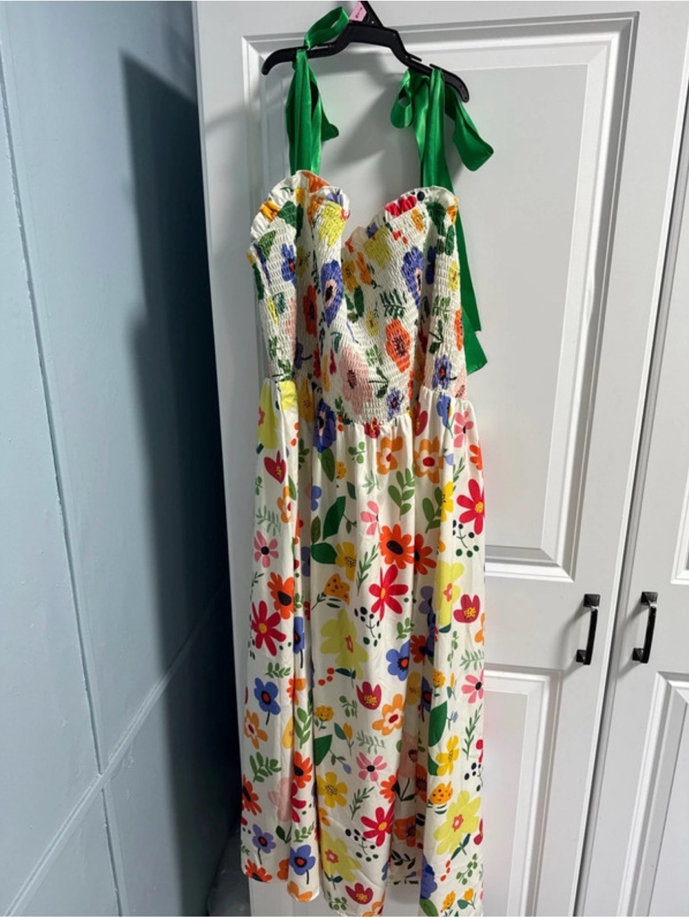 Floral Smocked Sundress with Green Tie Straps